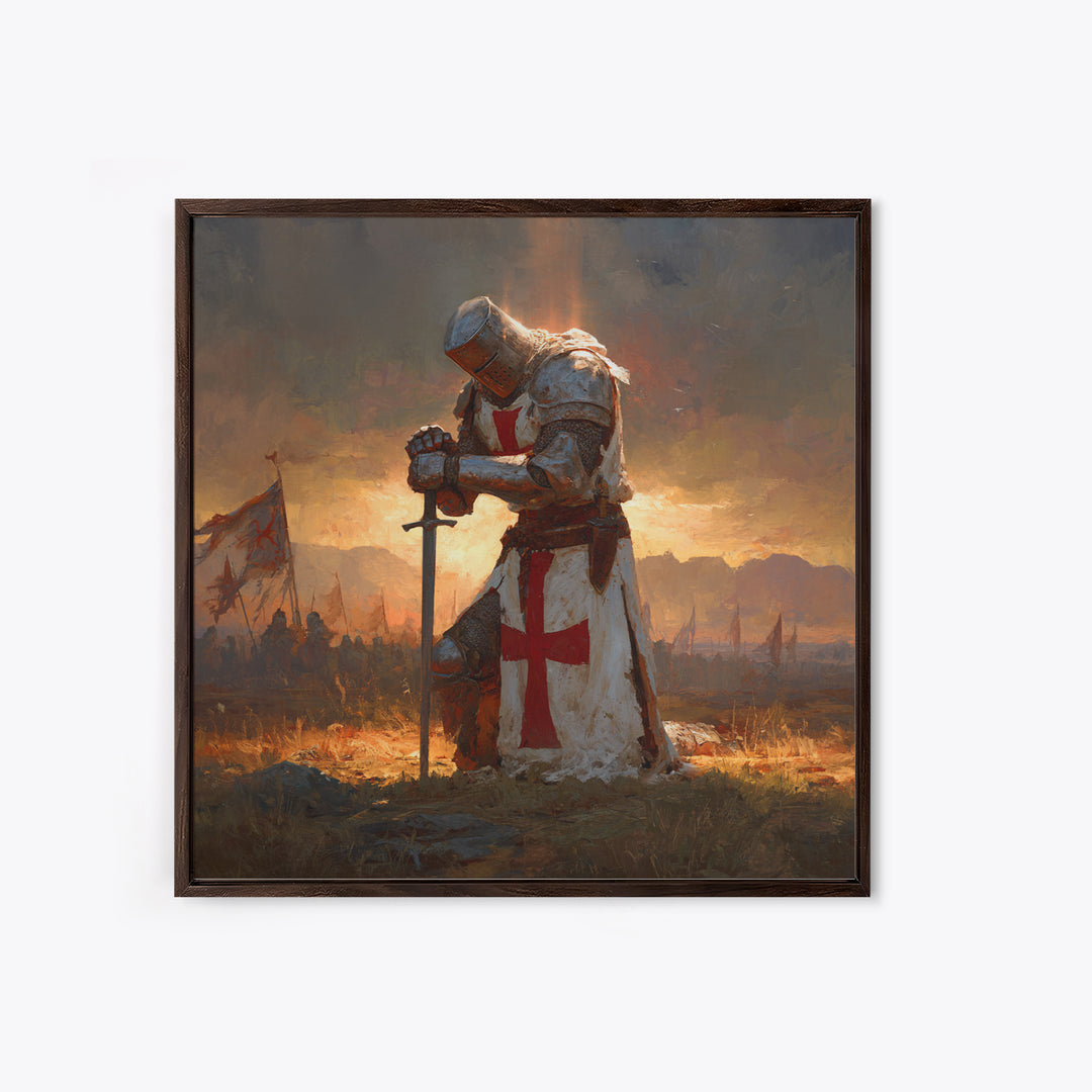 Kneeling Templar Knight In Battle Canvas Print, Medieval Christian Wall Art, Crusader Artwork Gift For Him, Man Cave Decor