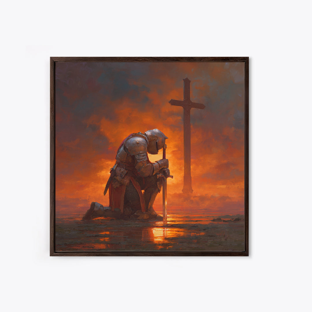 Kneeling Crusader Before Cross At Fiery Sunset Wall Art, Christian Canvas Print, Medieval Decor, Inspirational Gift For Him