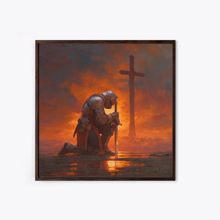 Kneeling Crusader Before Cross At Fiery Sunset Wall Art, Christian Canvas Print, Medieval Decor, Inspirational Gift For Him