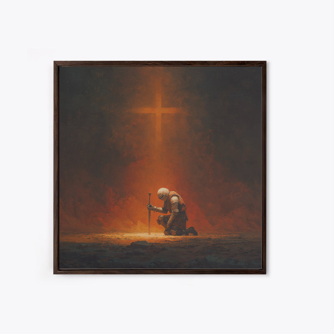 Kneeling Knight With Glowing Cross Framed Canvas Print, Christian Wall Art, Dark Fantasy Decor, Prayer Room Gift For Him Home Decor