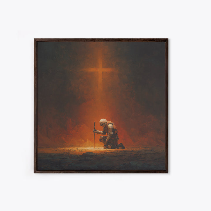 Kneeling Knight With Glowing Cross Framed Canvas Print, Christian Wall Art, Dark Fantasy Decor, Prayer Room Gift For Him Home Decor