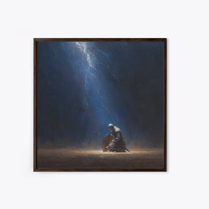 Kneeling Knight In Lightning Storm Wall Art, Dark Fantasy Medieval Canvas, Warrior Prayer Scene, Gothic Home Decor Unique Gift
