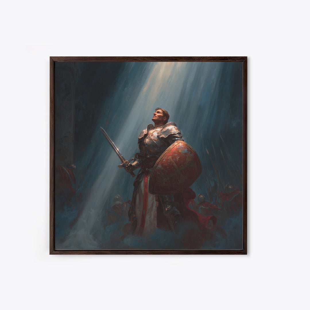 Heroic Knight With Sword And Shield In Divine Light Framed Canvas Print, Fantasy Wall Art, Medieval Wall Decor, Gift For Him
