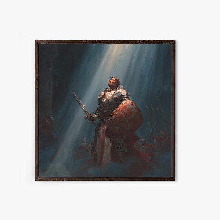 Heroic Knight With Sword And Shield In Divine Light Framed Canvas Print, Fantasy Wall Art, Medieval Wall Decor, Gift For Him