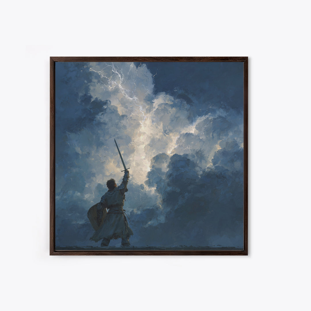 Warrior Raising Sword Into Lightning Canvas Print, Epic Fantasy Wall Art, Storm Clouds, Dark Heroic Medieval Home Decor Gift