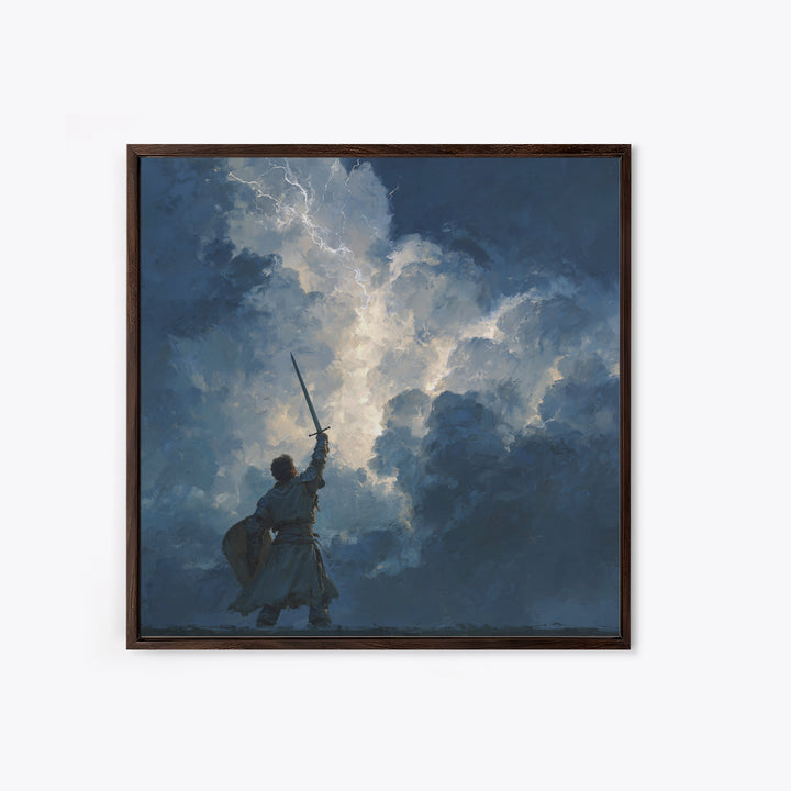 Warrior Raising Sword Into Lightning Canvas Print, Epic Fantasy Wall Art, Storm Clouds, Dark Heroic Medieval Home Decor Gift