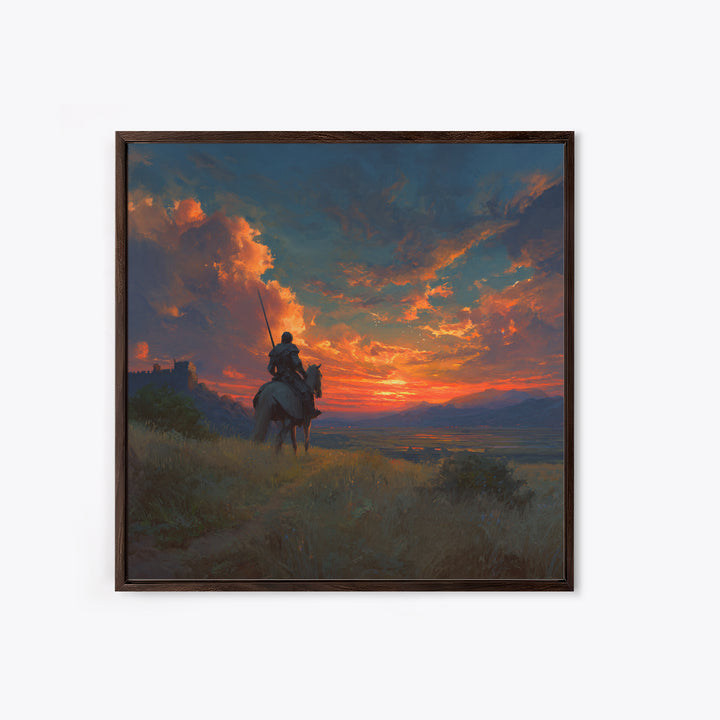 Armored Knight On Horseback At Fiery Sunset Canvas Print, Medieval Fantasy Wall Art, Dramatic Landscape Decor For Him Gift