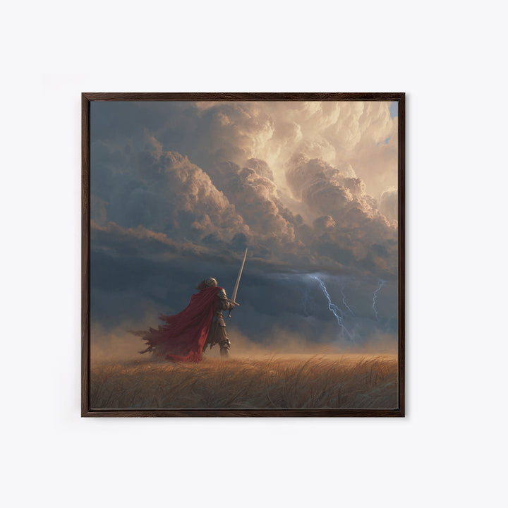Armored Knight Facing Thunderstorm Wall Art, Dark Fantasy Canvas Print, Medieval Decor, Dramatic Warrior Gift For Him, Office Decor