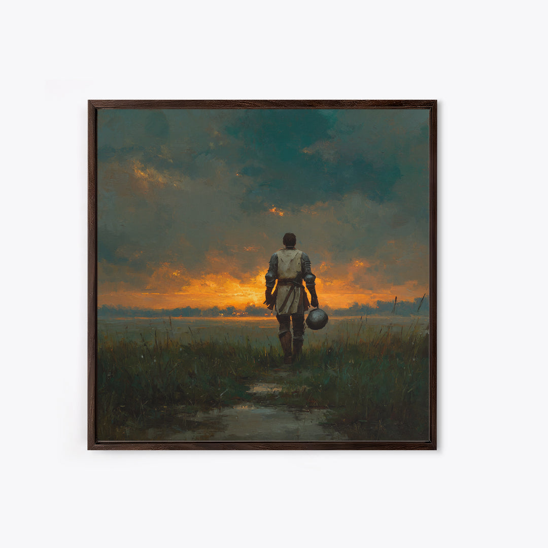 Lone Knight Walking Into Sunset Wall Art, Moody Medieval Landscape Canvas Print, Dark Academia Decor, Fantasy Gift For Him