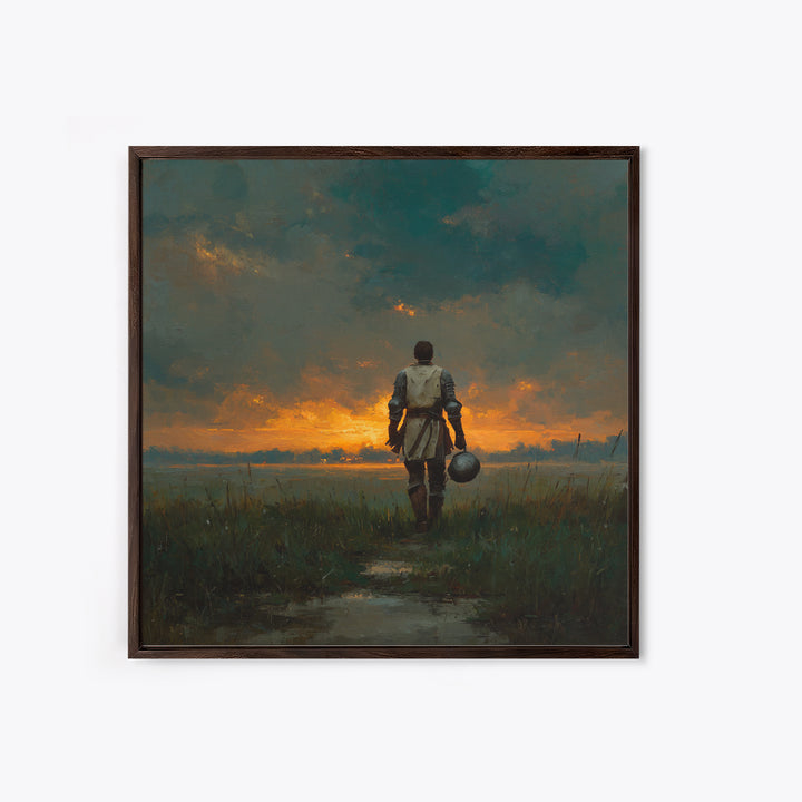 Lone Knight Walking Into Sunset Wall Art, Moody Medieval Landscape Canvas Print, Dark Academia Decor, Fantasy Gift For Him