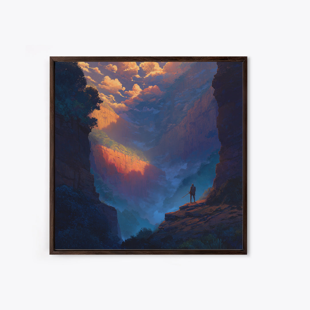 Warrior Over Misty Canyon Wall Art, Epic Fantasy Landscape Canvas Print, Mountain Wall Art, Adventure Decor, Gift For Him