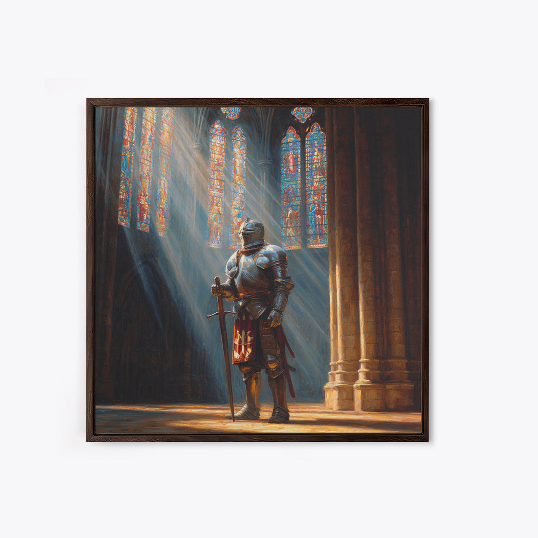 Armored Knight In Cathedral Light Wall Art, Medieval Fantasy Oil Painting, Gothic Decor, Dark Academia, Living Room Decor, Gift For Him
