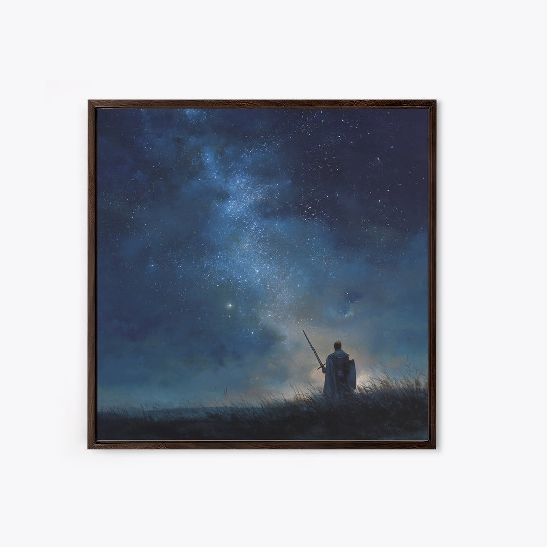Starry Night Warrior With Sword Under Milky Way Canvas Print, Fantasy Wall Art, Celestial Decor, Mystical Bedroom Art Gift