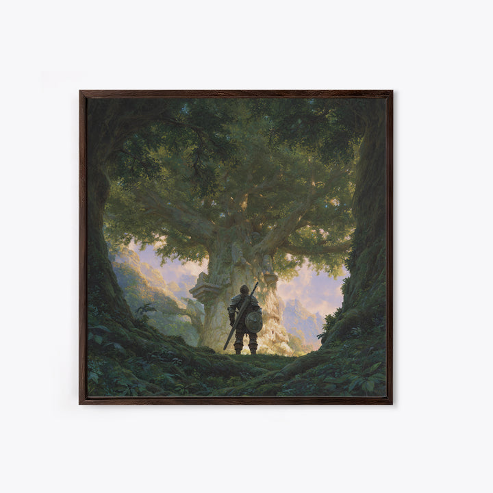 Warrior Before Ancient Tree Wall Art, Fantasy Forest Canvas Print, Enchanted Landscape Decor, Mythical Adventure Gift For Gamers