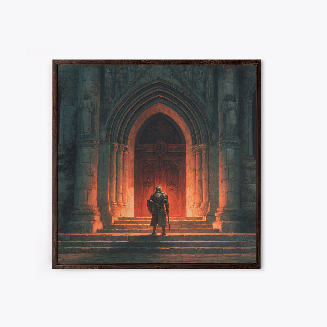 Armored Knight Before Gothic Cathedral Door Canvas Print, Medieval Wall Art, Dark Academia Decor, Gothic Fantasy Gift For Him