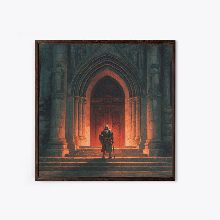 Armored Knight Before Gothic Cathedral Door Canvas Print, Medieval Wall Art, Dark Academia Decor, Gothic Fantasy Gift For Him