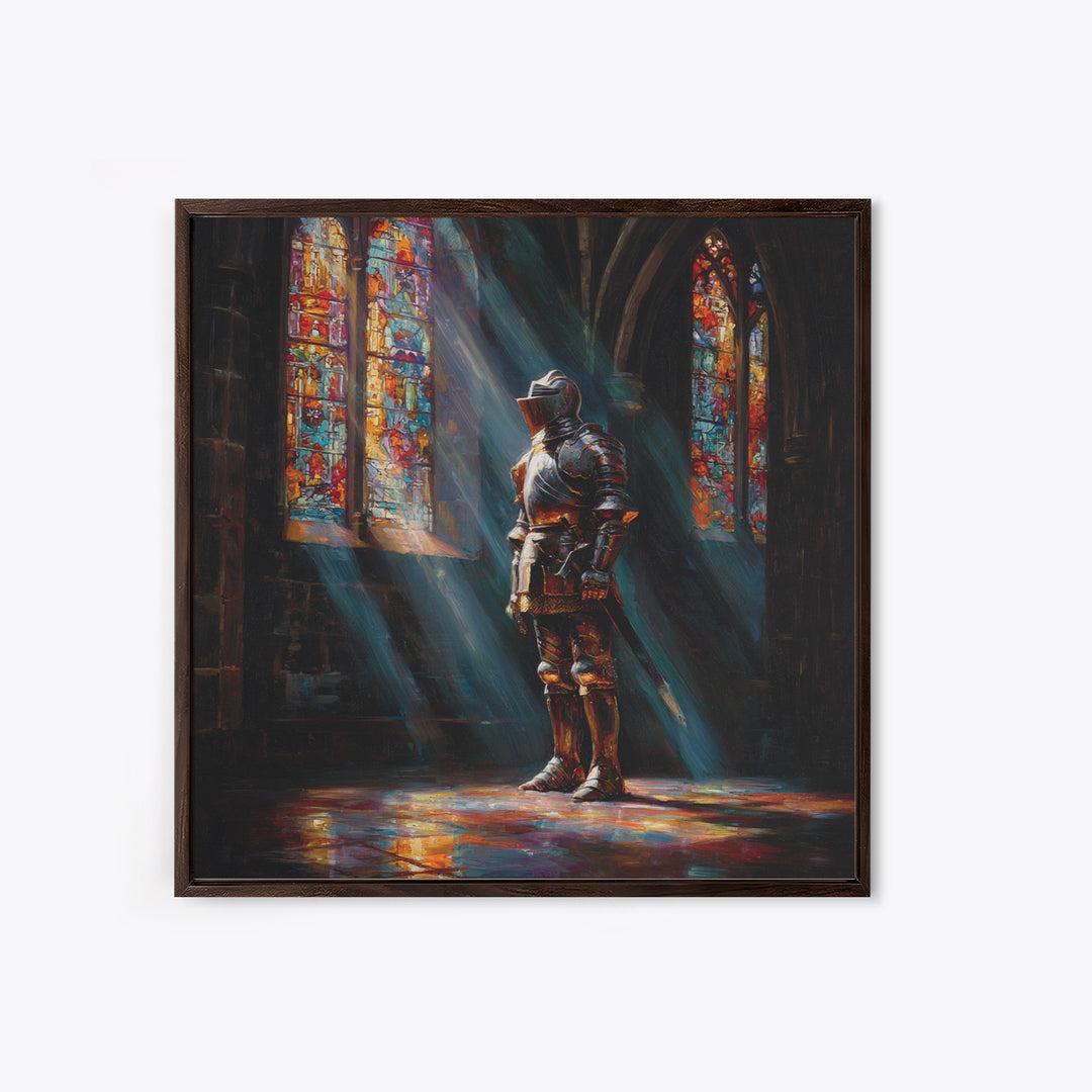 Armored Knight In Stained Glass Cathedral Wall Art, Gothic Castle Canvas Print, Medieval Decor, Dark Academia Fine Art Print