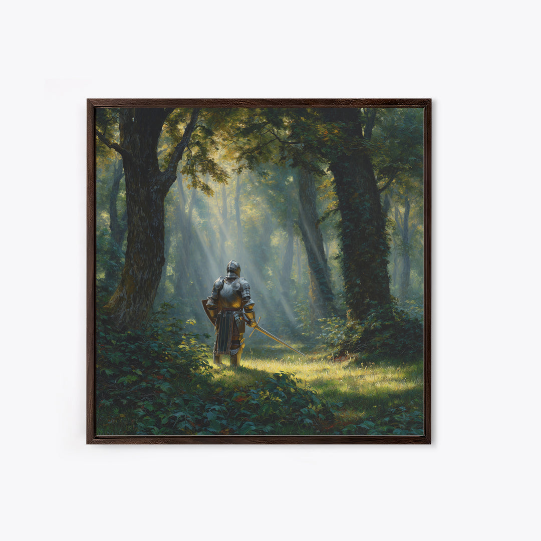Armored Knight In Sunlit Forest Wall Art, Fantasy Canvas Print, Medieval Woodland Decor For Game Room Office And Home Decor