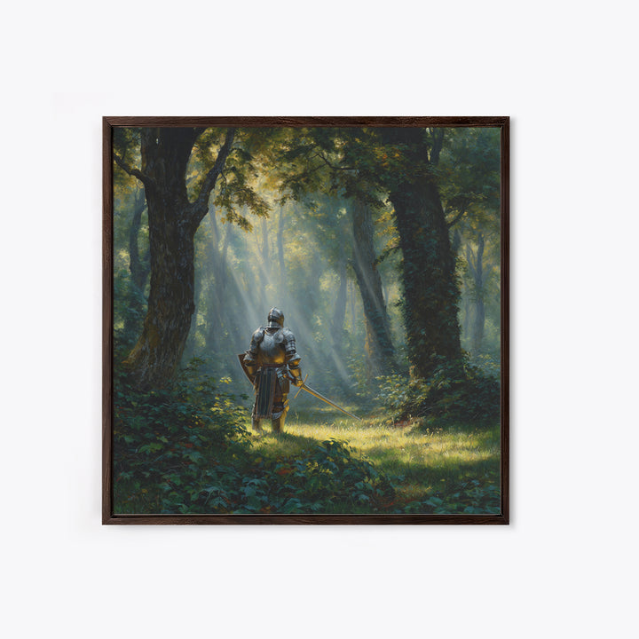 Armored Knight In Sunlit Forest Wall Art, Fantasy Canvas Print, Medieval Woodland Decor For Game Room Office And Home Decor
