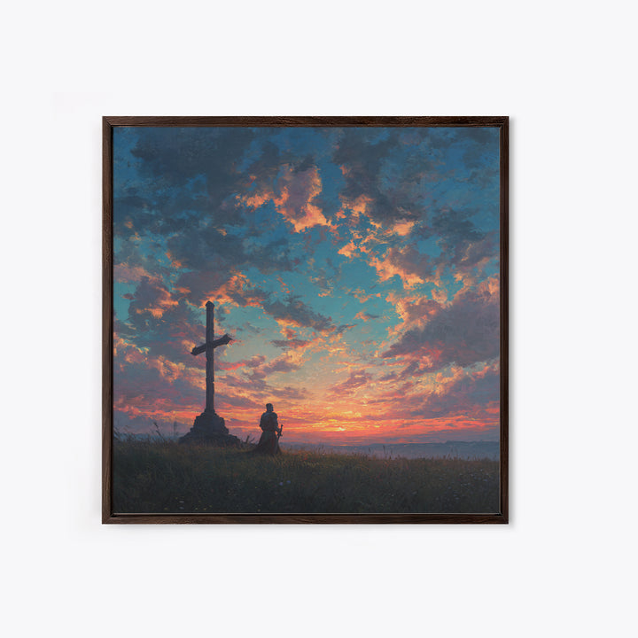 Knight Praying By Cross At Sunset Wall Art, Christian Landscape Painting, Bible Verse Decor, Inspirational Gift For Him Print