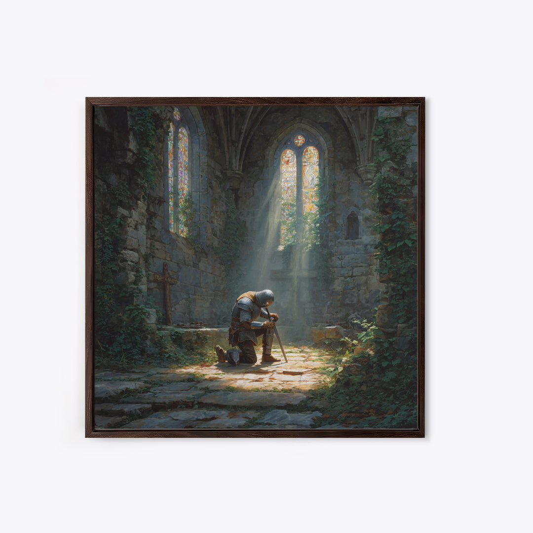Kneeling Knight In Ruined Chapel Wall Art, Medieval Fantasy Canvas Print, Gothic Decor, Christian Artwork, Fine Art Print