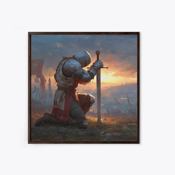 Kneeling Medieval Knight Wall Art, Fantasy Canvas Print, Warrior Sword Painting, Gothic Decor, Dark Academia Gift For Him