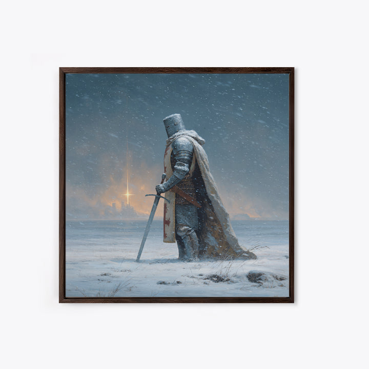 Snowy Medieval Knight Canvas Print, Fantasy Wall Art, Winter Warrior Sword Painting, Gothic Decor, Dark Academia Gift For Him