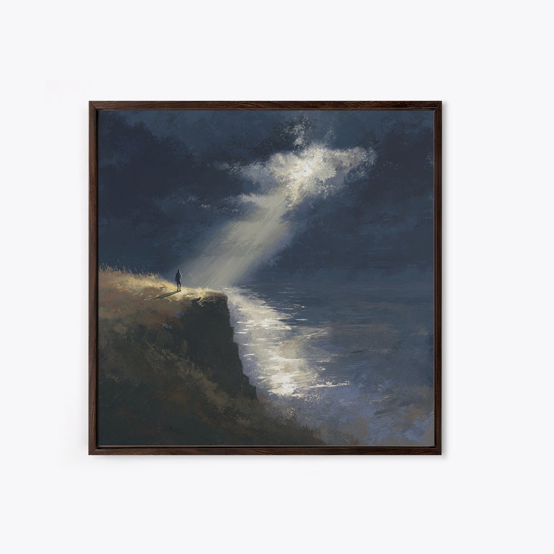 Lone Figure On Moonlit Cliff Wall Art, Moody Seascape, Dramatic Ocean Landscape, Dark Academia, Coastal Canvas Print, Fine Art Print