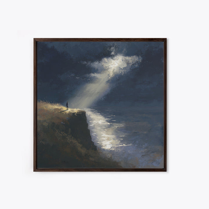 Lone Figure On Moonlit Cliff Wall Art, Moody Seascape, Dramatic Ocean Landscape, Dark Academia, Coastal Canvas Print, Fine Art Print