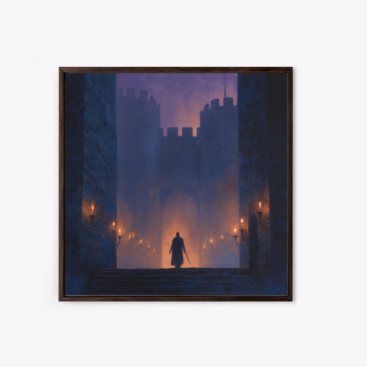 Cloaked Warrior At Castle Gate Wall Art, Dark Fantasy Canvas Print, Medieval Gothic Decor, Moody Game Room Art Gift For Him