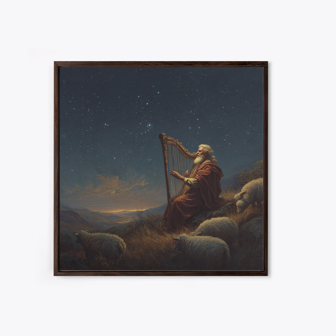 Biblical Shepherd Playing Harp Under Stars Canvas Print, David Psalm Wall Art, Celestial Christian Decor, Peaceful Gift For Her