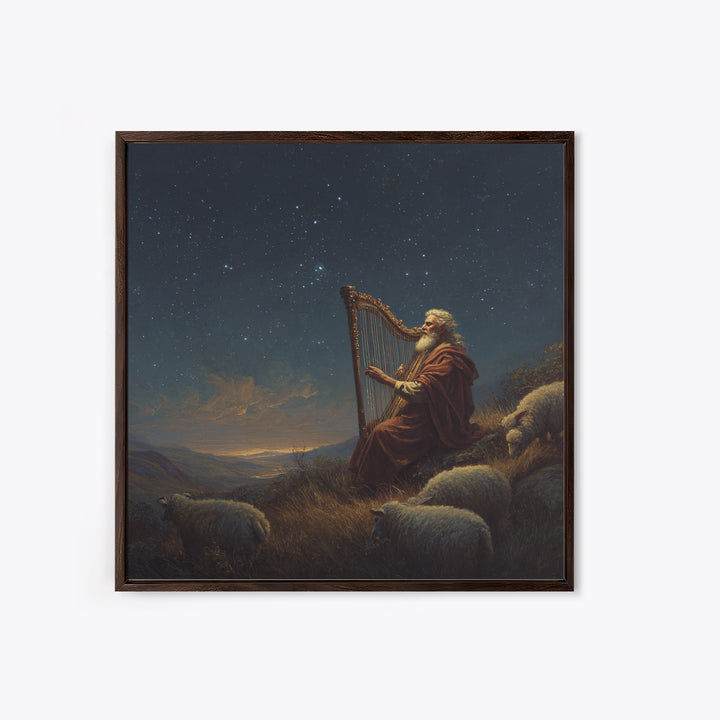 Biblical Shepherd Playing Harp Under Stars Canvas Print, David Psalm Wall Art, Celestial Christian Decor, Peaceful Gift For Her