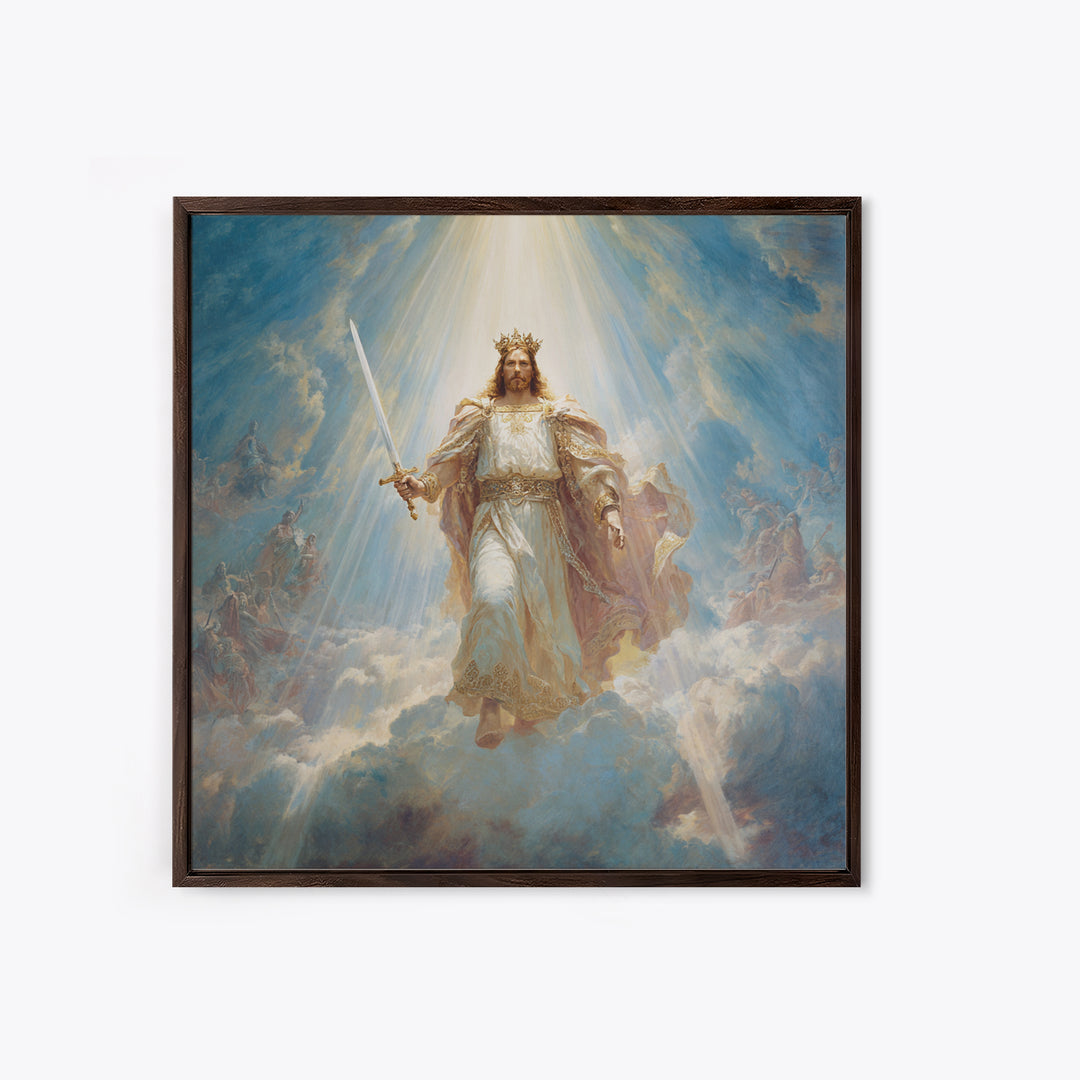 Radiant Jesus Warrior In Clouds Wall Art, Christian Framed Canvas Print, Biblical Religious Home Decor Gift For Prayer Room