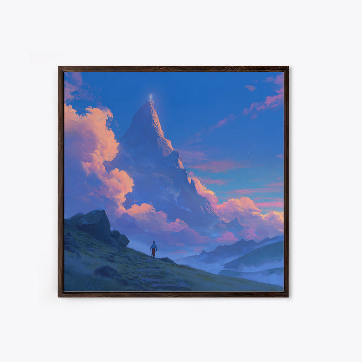 Glowing Fantasy Mountain Canvas Print, Epic Landscape Wall Art, Blue Sky Adventure Decor, Dreamy Nature Art, Gift For Him