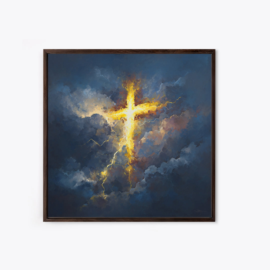 Glowing Cross In Storm Clouds Canvas Print, Christian Wall Art, Spiritual Gift, Faith Inspired Home Decor, Bible Verse Decor