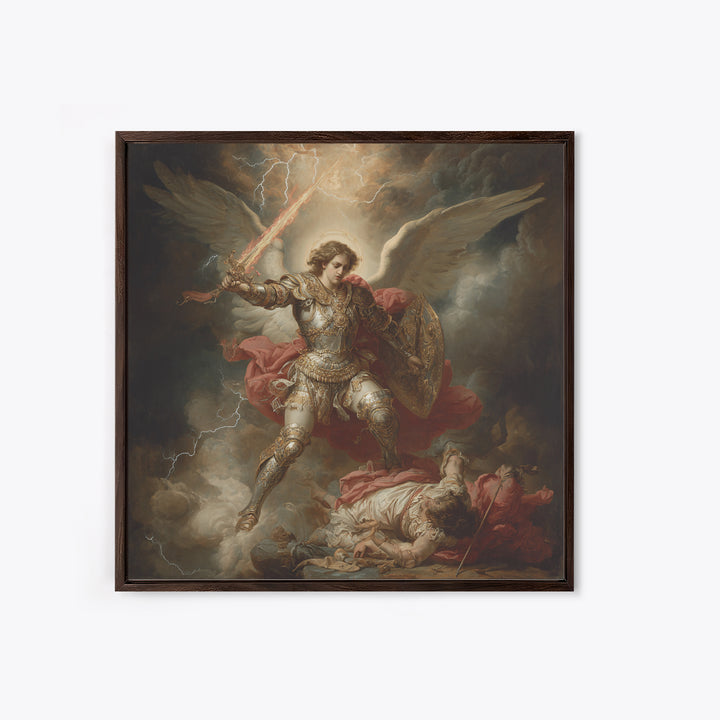 Archangel Michael Defeating Demon Framed Canvas Print, Baroque Religious Wall Art, Catholic Gift, Dramatic Fine Art Print