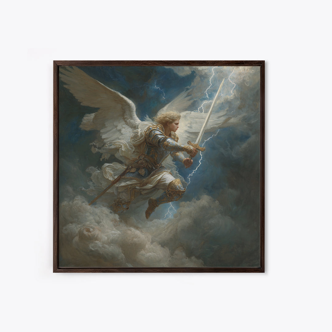 Archangel Warrior With Lightning Sword Canvas Print, Dramatic Christian Wall Art, Fantasy Angel Decor, Spiritual Gift For Him