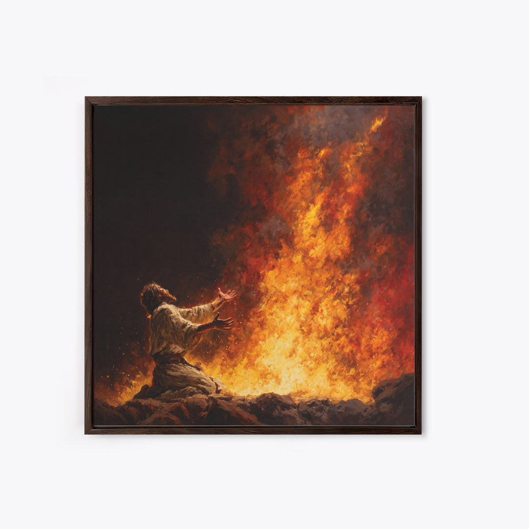 Kneeling Prophet Before Blazing Fire Wall Art, Biblical Painting, Spiritual Canvas Wall Art, Dramatic Christian Home Decor