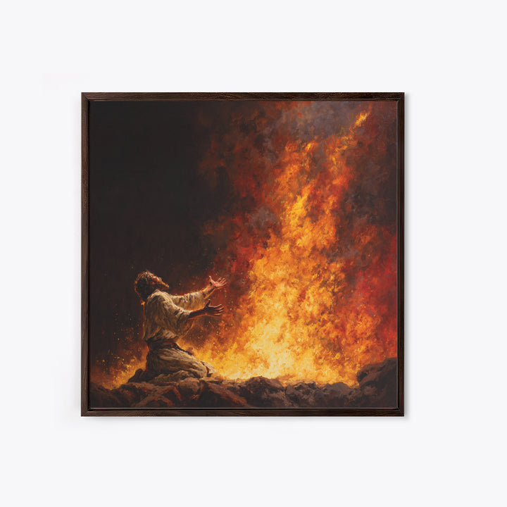Kneeling Prophet Before Blazing Fire Wall Art, Biblical Painting, Spiritual Canvas Wall Art, Dramatic Christian Home Decor