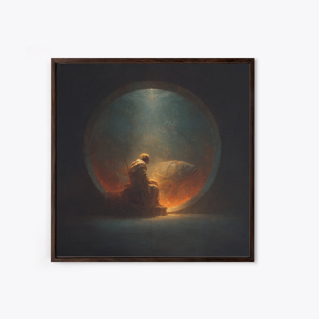 Surreal Fisherman And Giant Fish Canvas Print, Dark Fantasy Art, Moody Wall Decor, Unique Statement Artwork, Fine Art Print
