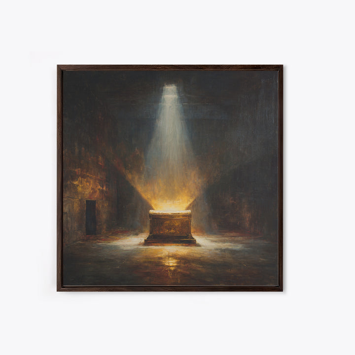 Glowing Ark In Ancient Chamber Framed Canvas Print, Dark Academia Wall Art, Biblical Oil Painting, Spiritual Home Decor Print