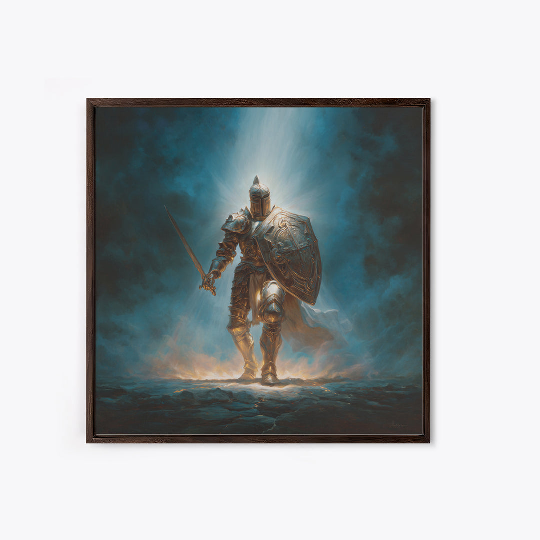 Heroic Silver Knight With Sword And Shield Wall Art, Fantasy Warrior Framed Canvas Print, Gothic Decor, Dramatic Office Art