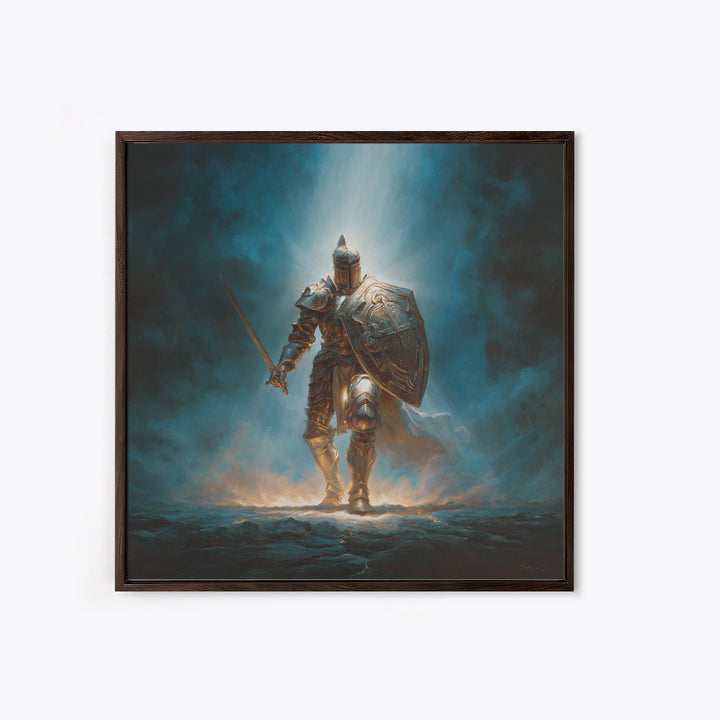 Heroic Silver Knight With Sword And Shield Wall Art, Fantasy Warrior Framed Canvas Print, Gothic Decor, Dramatic Office Art