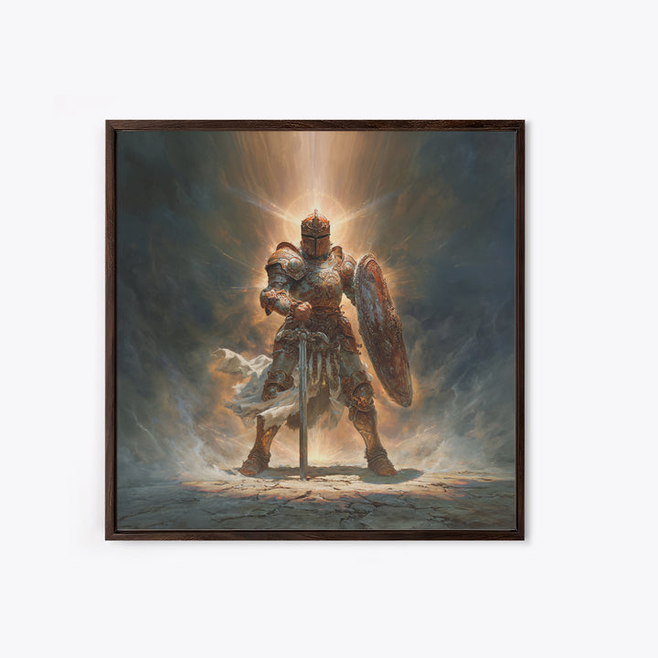 Glowing Medieval Knight Framed Canvas Print, Fantasy Wall Art, Warrior Armor Painting For Man Cave Decor And Gift For Him