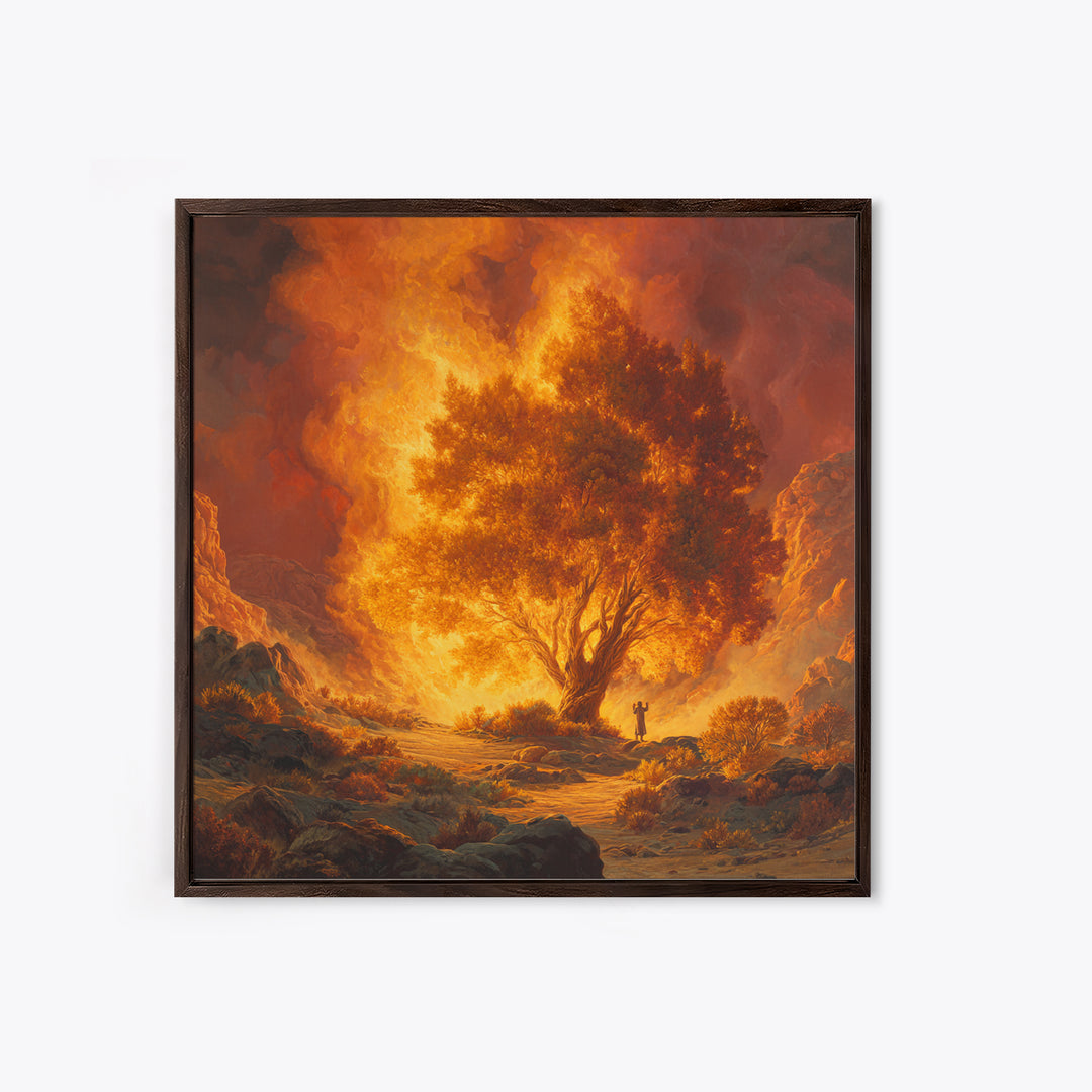 Fiery Burning Bush In Desert Wall Art, Biblical Christian Canvas Print, Spiritual Landscape Decor, Religious Housewarming Gift