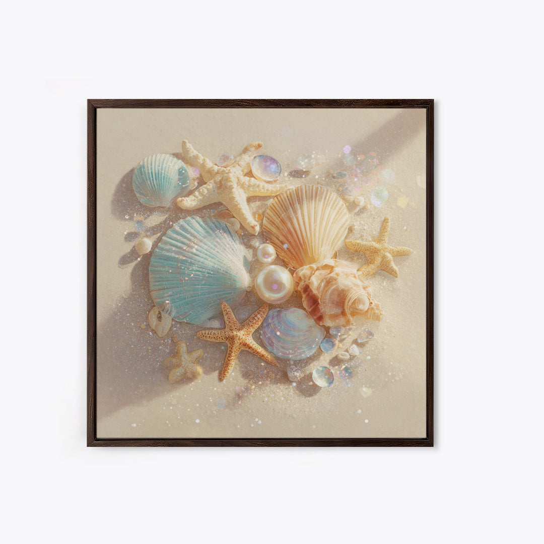 Seashells Starfish And Pearls Wall Art, Coastal Beach Canvas Print, Ocean Life Decor For Bathroom Or Beach House Home Decor