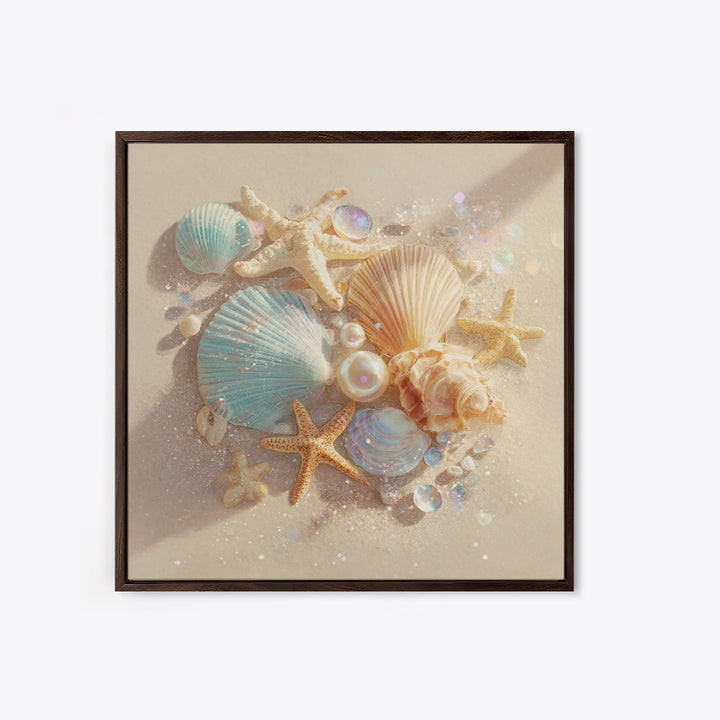 Seashells Starfish And Pearls Wall Art, Coastal Beach Canvas Print, Ocean Life Decor For Bathroom Or Beach House Home Decor