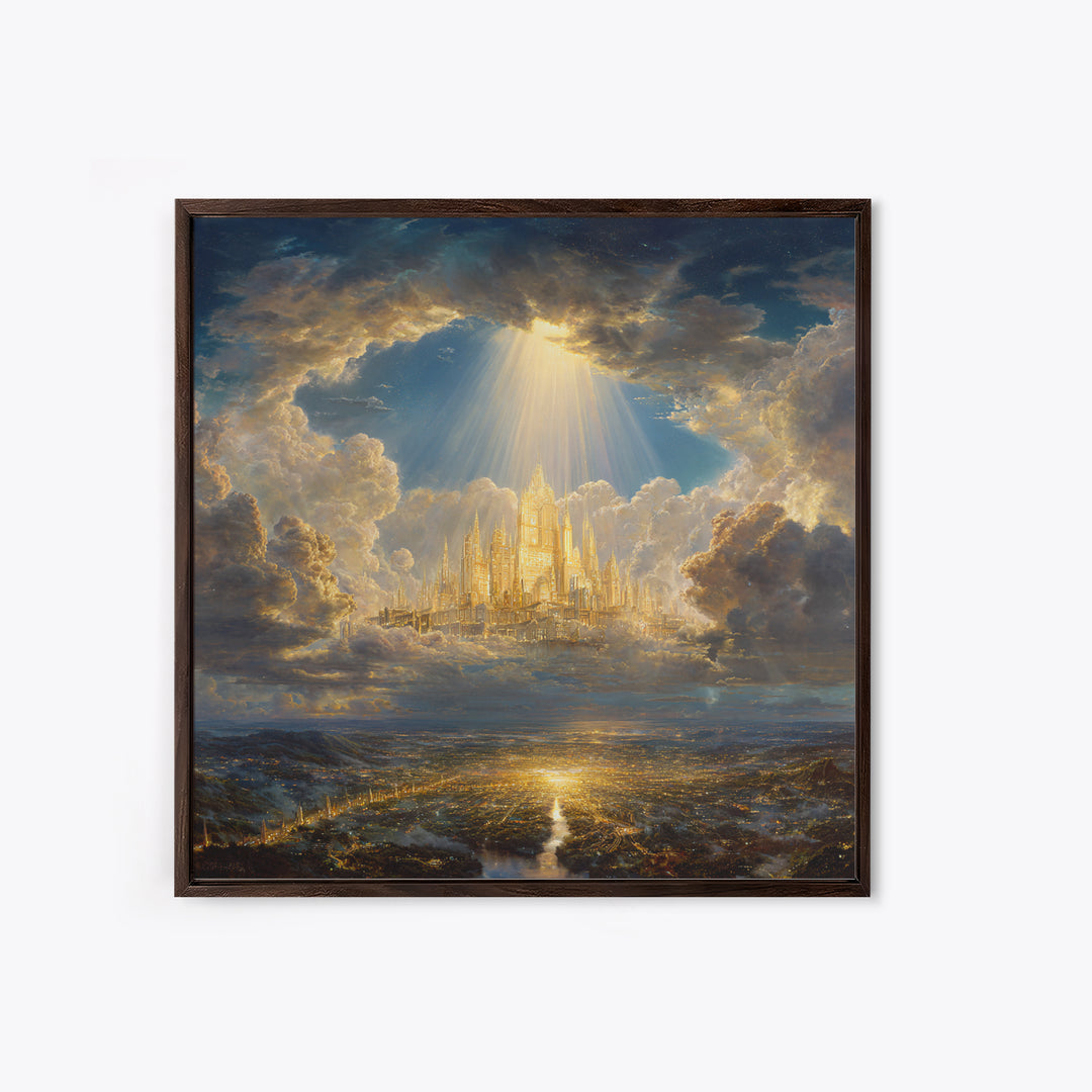 Golden Celestial City Above Clouds Wall Art, Heavenly Fantasy Canvas Print, Spiritual Landscape Decor, Statement Artwork Gift
