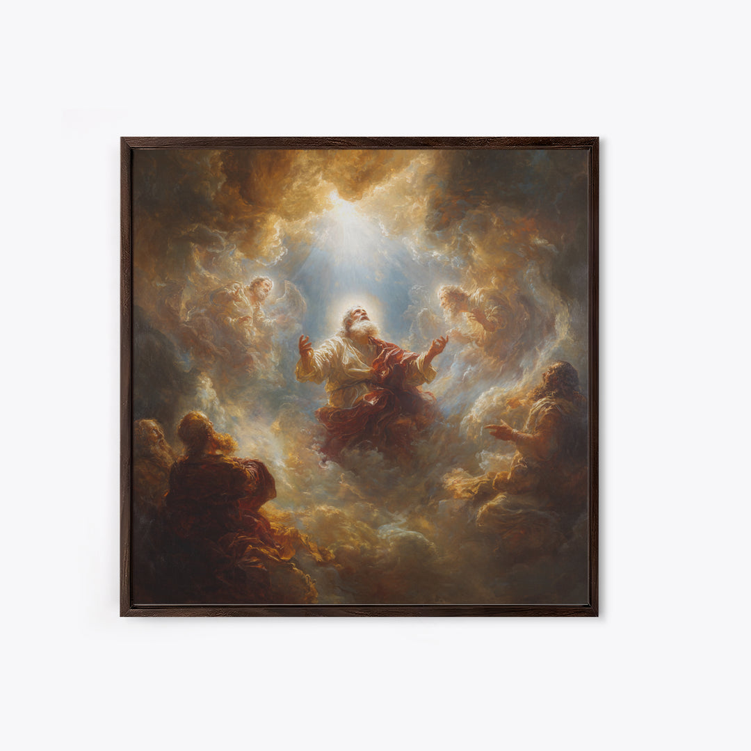 Biblical Prophet Ascending In Golden Clouds Framed Canvas Print, Christian Wall Art, Religious Home Decor, Prayer Room Gift
