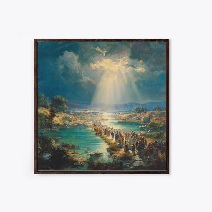 Biblical River Crossing Canvas Print, Radiant Sunbeams Over Sacred Landscape, Christian Wall Art, Religious Home Decor, Prayer Room Decor